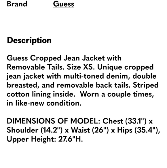 Guess , cropped jean jacket with removable tail very unique - Picture 9 of 9